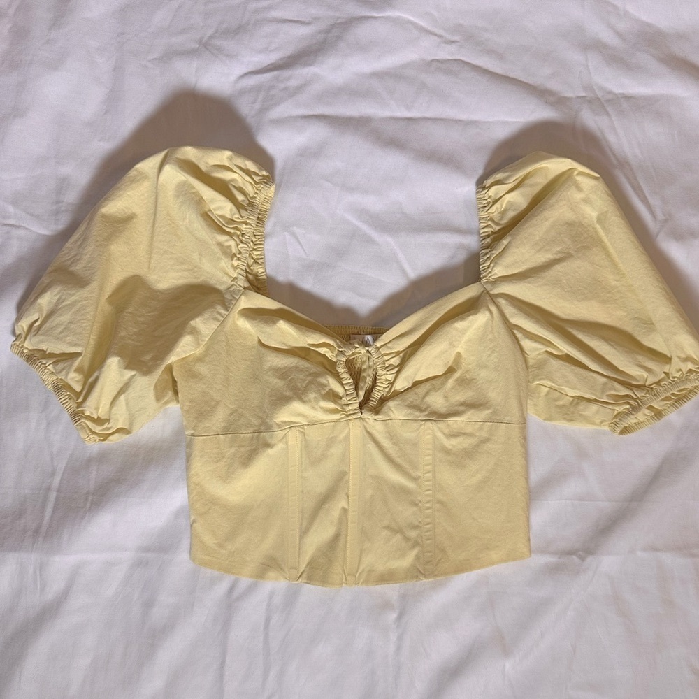Wayf Gold Tie Front Puff Sleeve Crop Blouse
